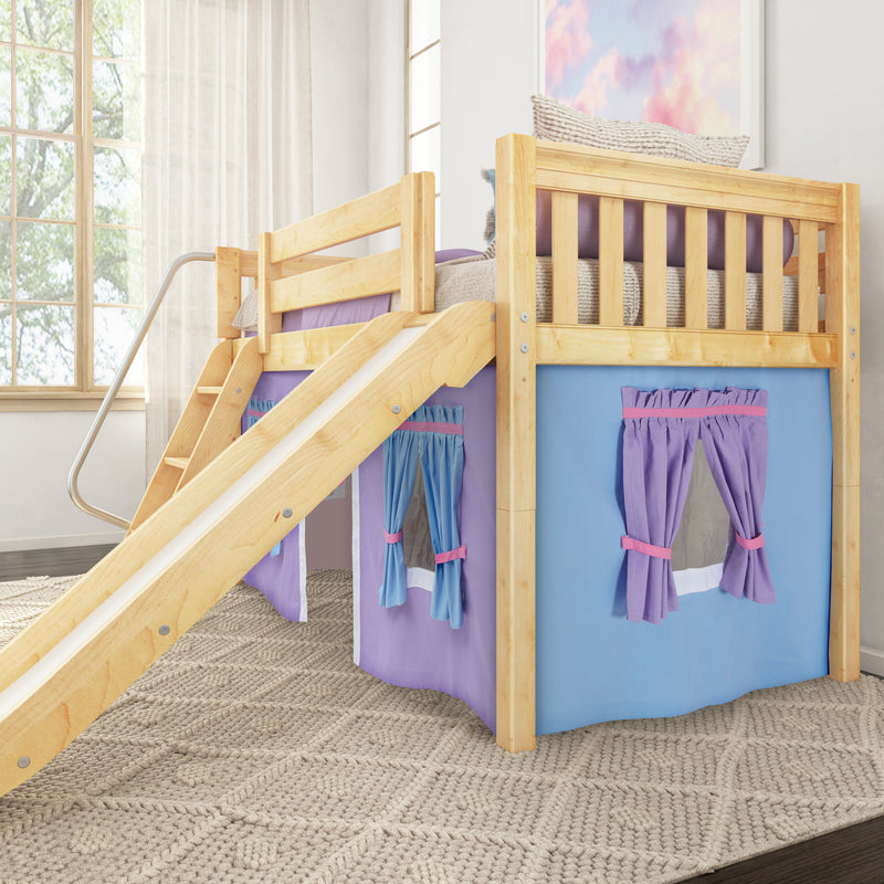 DEN27 NS : Loft Bed Twin Low Fort Loft Bed with Slide and Angled Ladder on Front, Natural Birch Slats with Purple/Light Blue Fabric