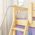 DEN27 NS : Loft Bed Twin Low Fort Loft Bed with Slide and Angled Ladder on Front, Natural Birch Slats with Purple/Light Blue Fabric