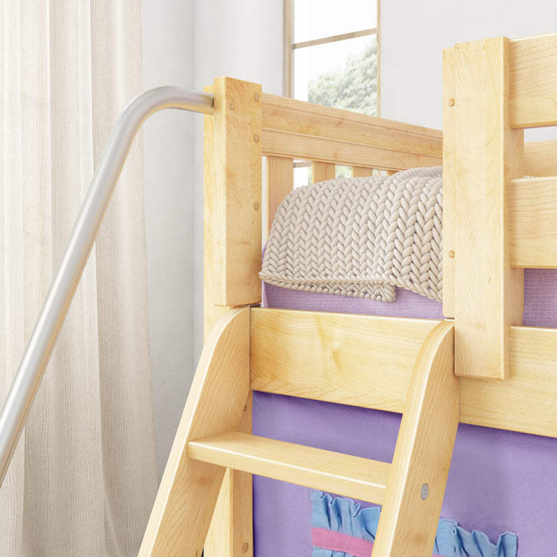 DEN27 NS : Loft Bed Twin Low Fort Loft Bed with Slide and Angled Ladder on Front, Natural Birch Slats with Purple/Light Blue Fabric