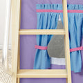 DEN27 NS : Loft Bed Twin Low Fort Loft Bed with Slide and Angled Ladder on Front, Natural Birch Slats with Purple/Light Blue Fabric