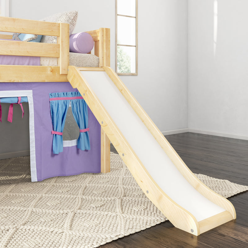 DEN27 NS : Loft Bed Twin Low Fort Loft Bed with Slide and Angled Ladder on Front, Natural Birch Slats with Purple/Light Blue Fabric