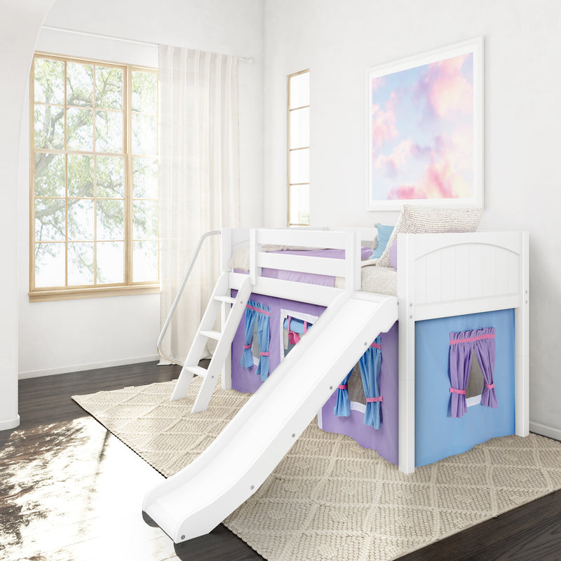 DEN27 WP : Loft Bed Twin Low Fort Loft Bed with Slide and Angled Ladder on Front, Classic White Panel with Purple/Light Blue Fabric