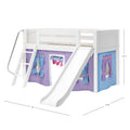 DEN27 WP : Loft Bed Twin Low Fort Loft Bed with Slide and Angled Ladder on Front, Classic White Panel with Purple/Light Blue Fabric