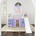 DEN27 WP : Loft Bed Twin Low Fort Loft Bed with Slide and Angled Ladder on Front, Classic White Panel with Purple/Light Blue Fabric