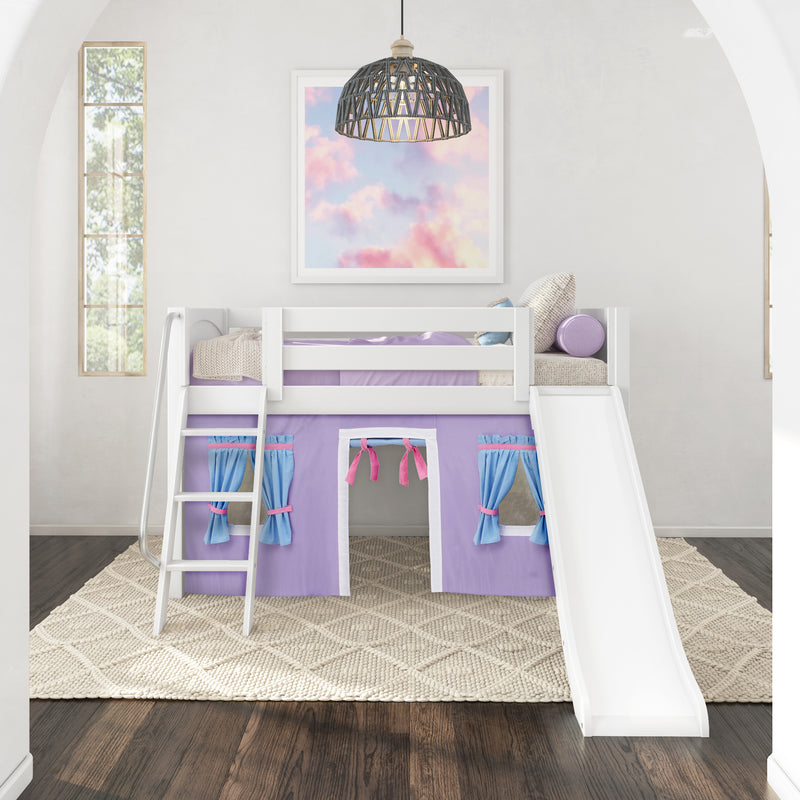 DEN27 WP : Loft Bed Twin Low Fort Loft Bed with Slide and Angled Ladder on Front, Classic White Panel with Purple/Light Blue Fabric