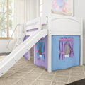 DEN27 WP : Loft Bed Twin Low Fort Loft Bed with Slide and Angled Ladder on Front, Classic White Panel with Purple/Light Blue Fabric