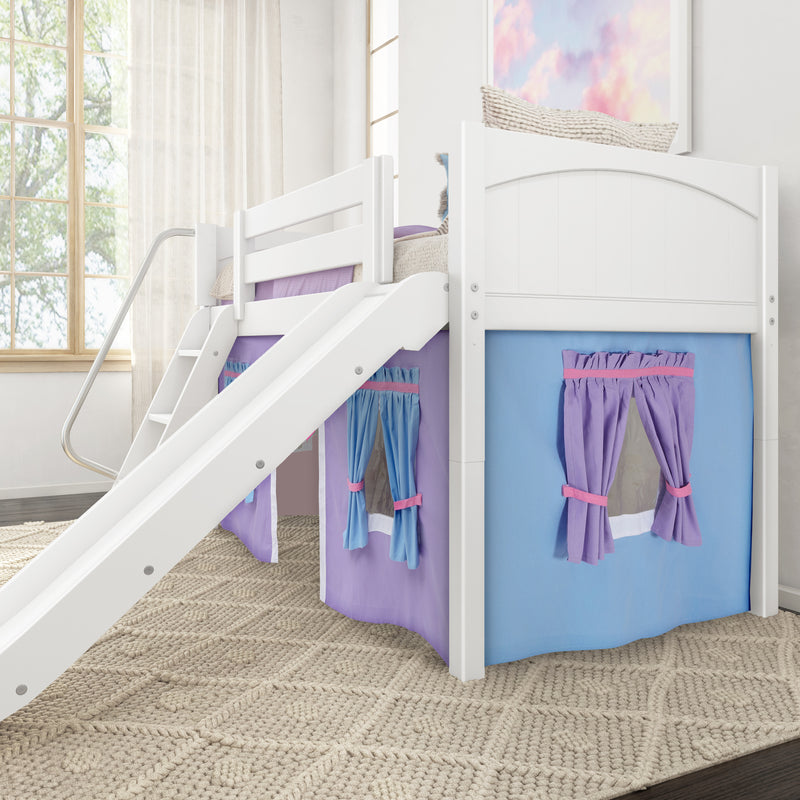 DEN27 WP : Loft Bed Twin Low Fort Loft Bed with Slide and Angled Ladder on Front, Classic White Panel with Purple/Light Blue Fabric