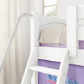 DEN27 WP : Loft Bed Twin Low Fort Loft Bed with Slide and Angled Ladder on Front, Classic White Panel with Purple/Light Blue Fabric