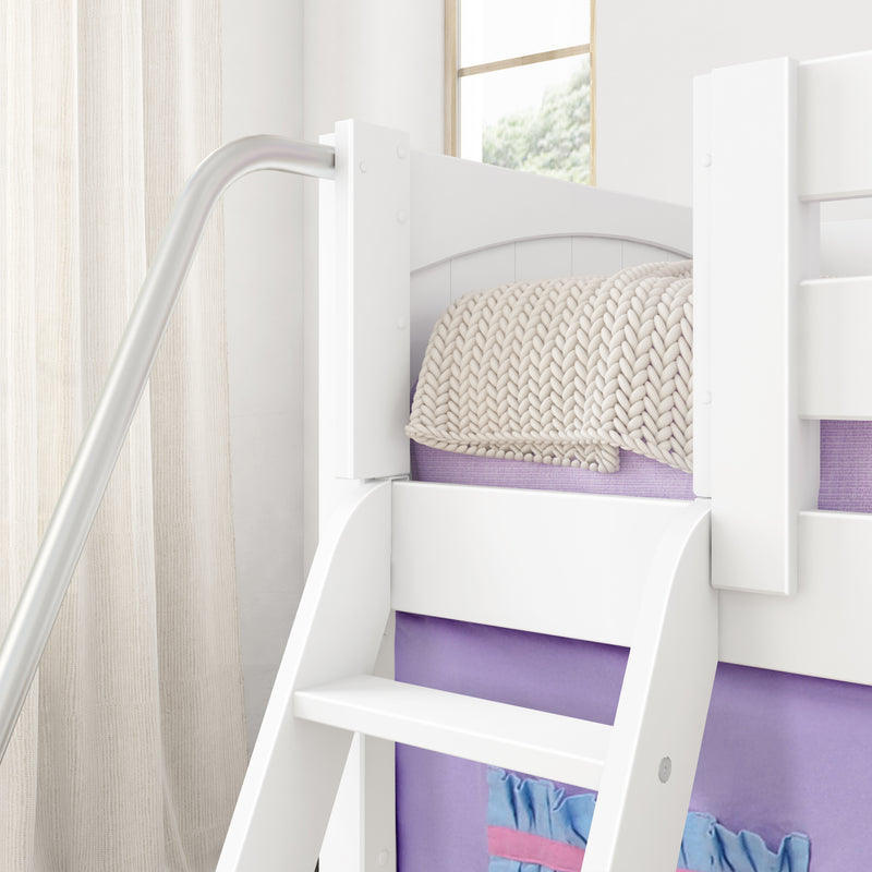 DEN27 WP : Loft Bed Twin Low Fort Loft Bed with Slide and Angled Ladder on Front, Classic White Panel with Purple/Light Blue Fabric