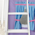DEN27 WP : Loft Bed Twin Low Fort Loft Bed with Slide and Angled Ladder on Front, Classic White Panel with Purple/Light Blue Fabric