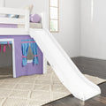 DEN27 WP : Loft Bed Twin Low Fort Loft Bed with Slide and Angled Ladder on Front, Classic White Panel with Purple/Light Blue Fabric