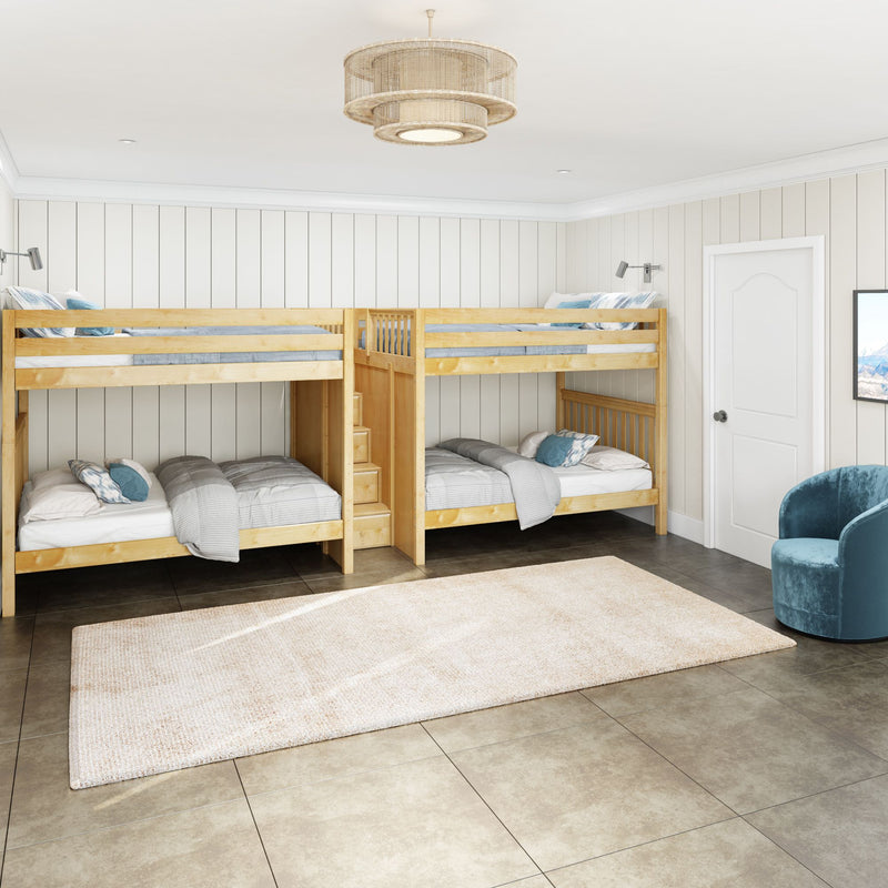 DIRECTOR XL NS : Quad Bunk Classic High Queen Quad Bunk Bed with Stairs in Middle, Natural Birch Slats