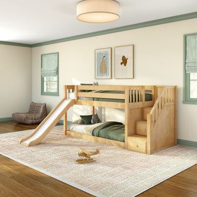 DOUBLE DUTCH NS : Bunk Bed Twin Floor Bunk Bed with Staircase and Slide, Natural Birch Slats