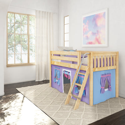 EASY RIDER27 NS : Loft Bed Twin Low Fort Loft Bed with Angled Ladder on Front, Natural Birch Slats with Purple/Light Blue Fabric
