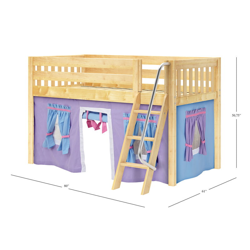 EASY RIDER27 NS : Loft Bed Twin Low Fort Loft Bed with Angled Ladder on Front, Natural Birch Slats with Purple/Light Blue Fabric