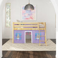 EASY RIDER27 NS : Loft Bed Twin Low Fort Loft Bed with Angled Ladder on Front, Natural Birch Slats with Purple/Light Blue Fabric