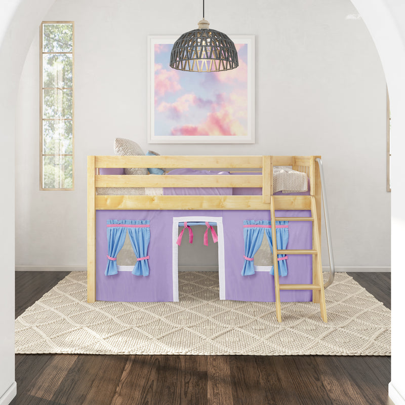 EASY RIDER27 NS : Loft Bed Twin Low Fort Loft Bed with Angled Ladder on Front, Natural Birch Slats with Purple/Light Blue Fabric