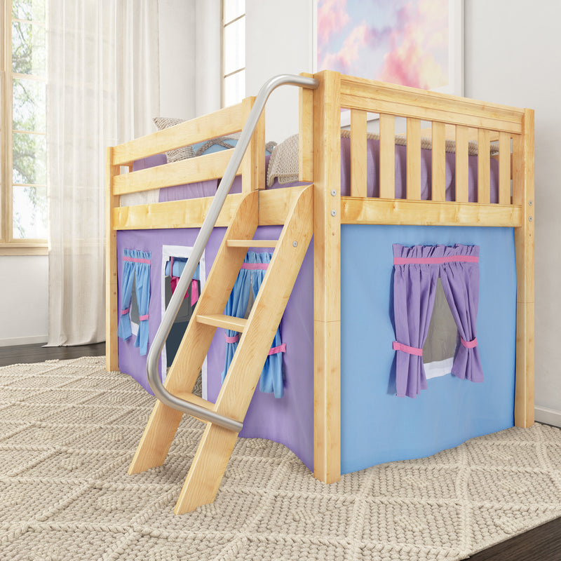 EASY RIDER27 NS : Loft Bed Twin Low Fort Loft Bed with Angled Ladder on Front, Natural Birch Slats with Purple/Light Blue Fabric