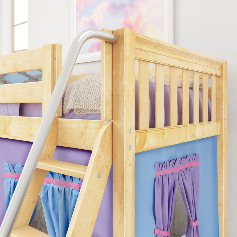EASY RIDER27 NS : Loft Bed Twin Low Fort Loft Bed with Angled Ladder on Front, Natural Birch Slats with Purple/Light Blue Fabric