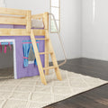 EASY RIDER27 NS : Loft Bed Twin Low Fort Loft Bed with Angled Ladder on Front, Natural Birch Slats with Purple/Light Blue Fabric