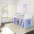 EASY RIDER27 WP : Loft Bed Twin Low Fort Loft Bed with Angled Ladder on Front, Classic White Panel with Purple/Light Blue Fabric