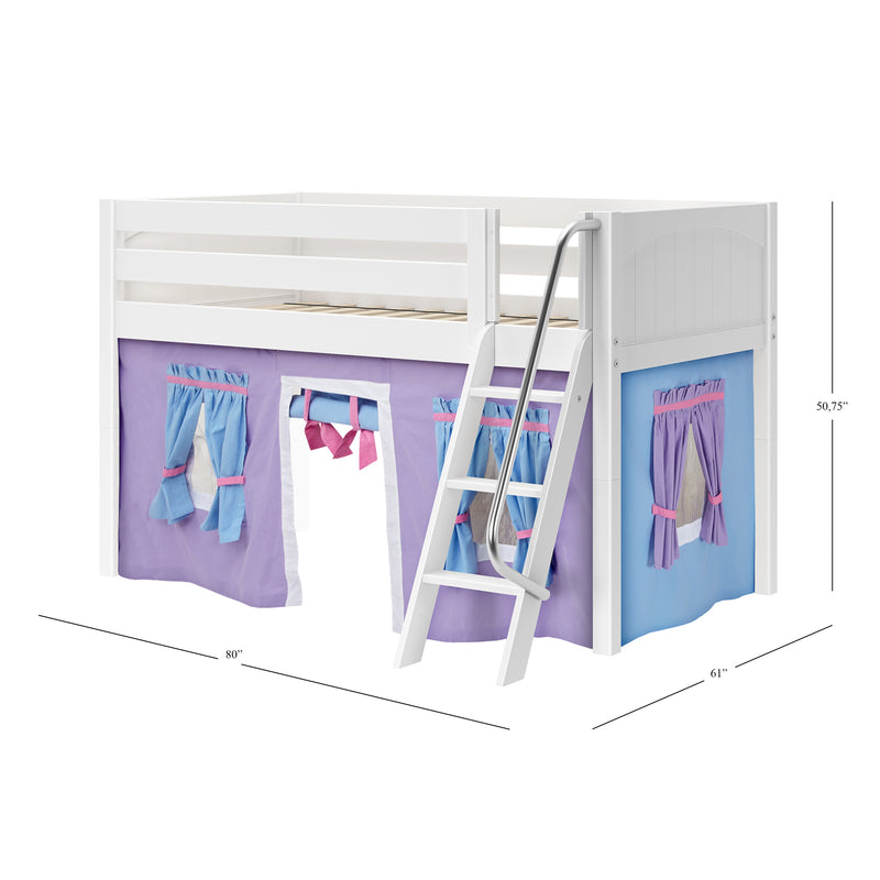 EASY RIDER27 WP : Loft Bed Twin Low Fort Loft Bed with Angled Ladder on Front, Classic White Panel with Purple/Light Blue Fabric