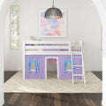 EASY RIDER27 WP : Loft Bed Twin Low Fort Loft Bed with Angled Ladder on Front, Classic White Panel with Purple/Light Blue Fabric