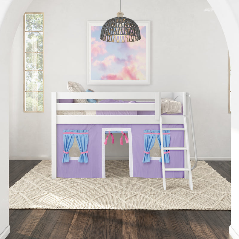 EASY RIDER27 WP : Loft Bed Twin Low Fort Loft Bed with Angled Ladder on Front, Classic White Panel with Purple/Light Blue Fabric