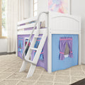 EASY RIDER27 WP : Loft Bed Twin Low Fort Loft Bed with Angled Ladder on Front, Classic White Panel with Purple/Light Blue Fabric