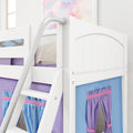EASY RIDER27 WP : Loft Bed Twin Low Fort Loft Bed with Angled Ladder on Front, Classic White Panel with Purple/Light Blue Fabric
