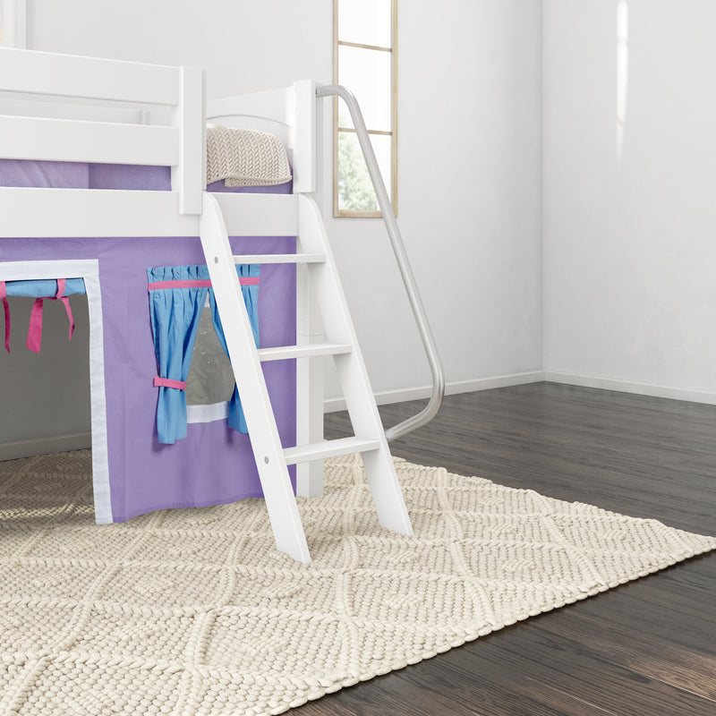 EASY RIDER27 WP : Loft Bed Twin Low Fort Loft Bed with Angled Ladder on Front, Classic White Panel with Purple/Light Blue Fabric