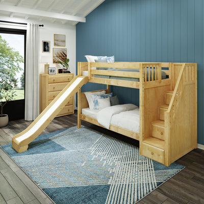 ECSTATIC XL NP : Bunk Bed Classic Mid Twin XL Bunk Bed with Slide and Stairs on End, Natural Birch Panel