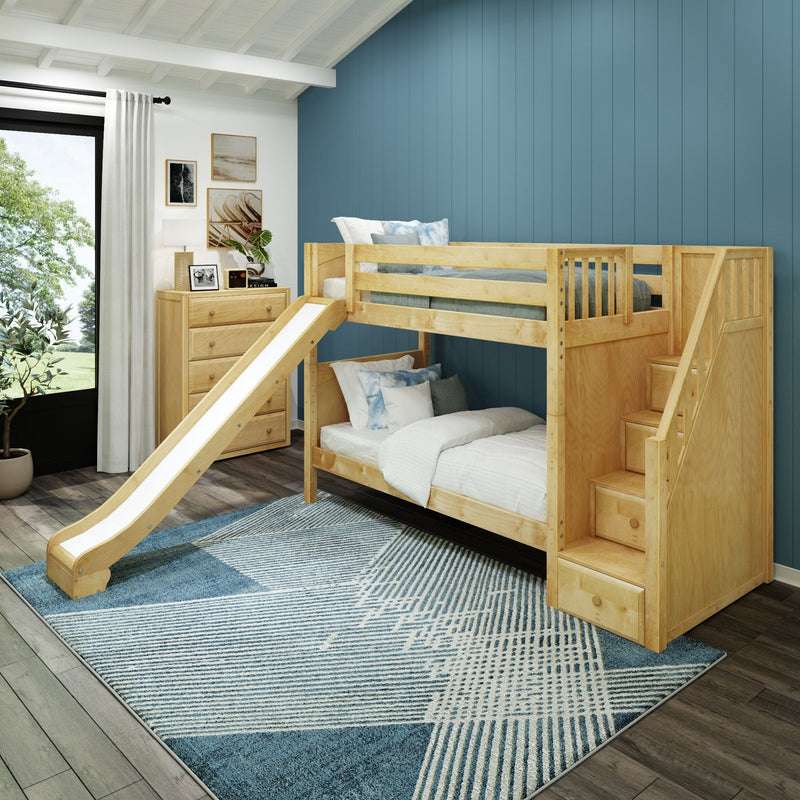 ECSTATIC XL NP : Bunk Bed Classic Mid Twin XL Bunk Bed with Slide and Stairs on End, Natural Birch Panel