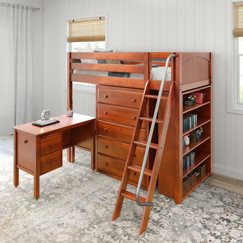 EMPEROR23 CP : Study Loft Beds Twin High Loft Bed with Angled Ladder on Front with Desk and Dresser and Bookcase - Panel, Chestnut
