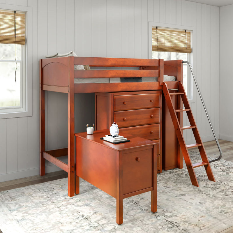 EMPEROR23 CP : Study Loft Beds Twin High Loft Bed with Angled Ladder on Front with Desk and Dresser and Bookcase - Panel, Chestnut