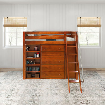 EMPEROR3 CP : Loft Bed Twin High Loft w/ angled ladder, 2x5 drawer dresser, 37.5" High Bookcase, Panel, Chestnut
