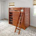 EMPEROR3 CP : Loft Bed Twin High Loft w/ angled ladder, 2x5 drawer dresser, 37.5" High Bookcase, Panel, Chestnut