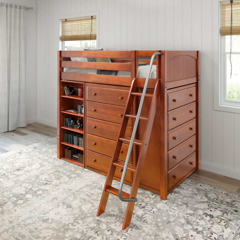 EMPEROR3 CP : Loft Bed Twin High Loft w/ angled ladder, 2x5 drawer dresser, 37.5" High Bookcase, Panel, Chestnut
