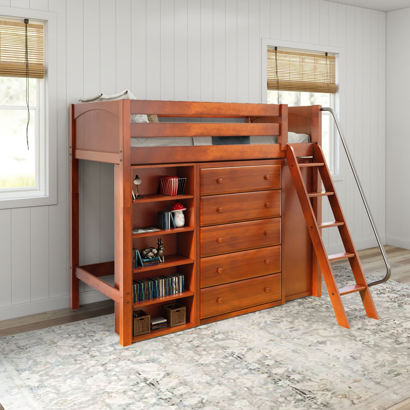 EMPEROR3 CP : Loft Bed Twin High Loft w/ angled ladder, 2x5 drawer dresser, 37.5" High Bookcase, Panel, Chestnut