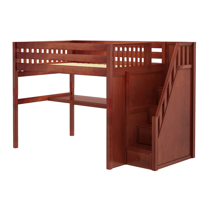 ENORMOUS11 CS : Loft Bed Full High Loft Study Bed with Long Desk and Stairs on End, Chestnut Slats