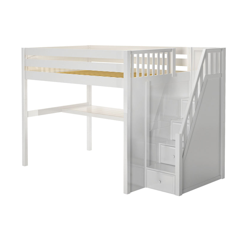 ENORMOUS11 WP : Loft Bed Full High Loft Study Bed with Long Desk and Stairs on End, Classic White Panel