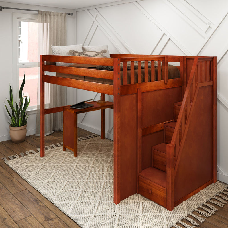ENORMOUS15 CS : Loft Bed Full High Loft Study Bed with Corner Desk and Stairs on End, Chestnut Slats