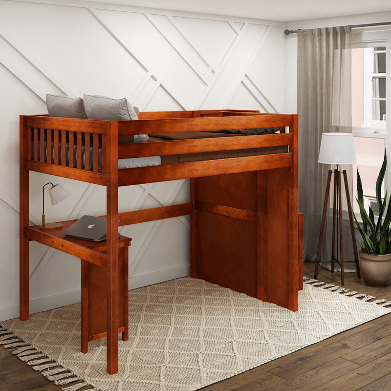 ENORMOUS15 CS : Loft Bed Full High Loft Study Bed with Corner Desk and Stairs on End, Chestnut Slats