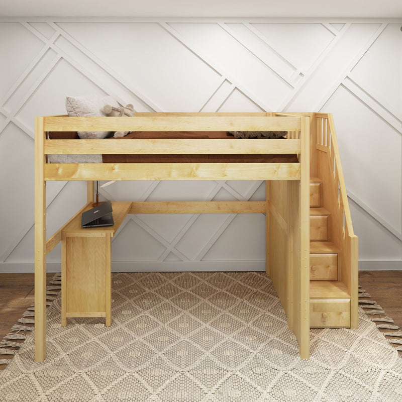 ENORMOUS15 NS : Loft Bed Full High Loft Study Bed with Corner Desk and Stairs on End, Natural Birch Slats