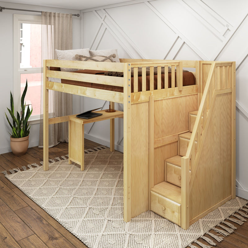 ENORMOUS15 NS : Loft Bed Full High Loft Study Bed with Corner Desk and Stairs on End, Natural Birch Slats