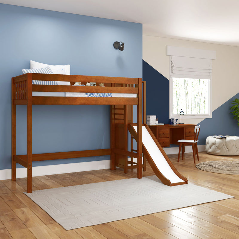FILIOCUS CS : Loft Bed Twin High Loft Bed with Slide Platform, Slat, Chestnut