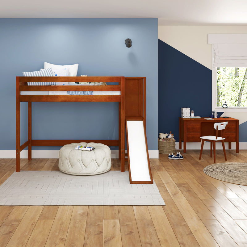 FILIOCUS XL CP : Loft Bed Twin XL High Loft Bed with Slide Platform, Panel, Chestnut