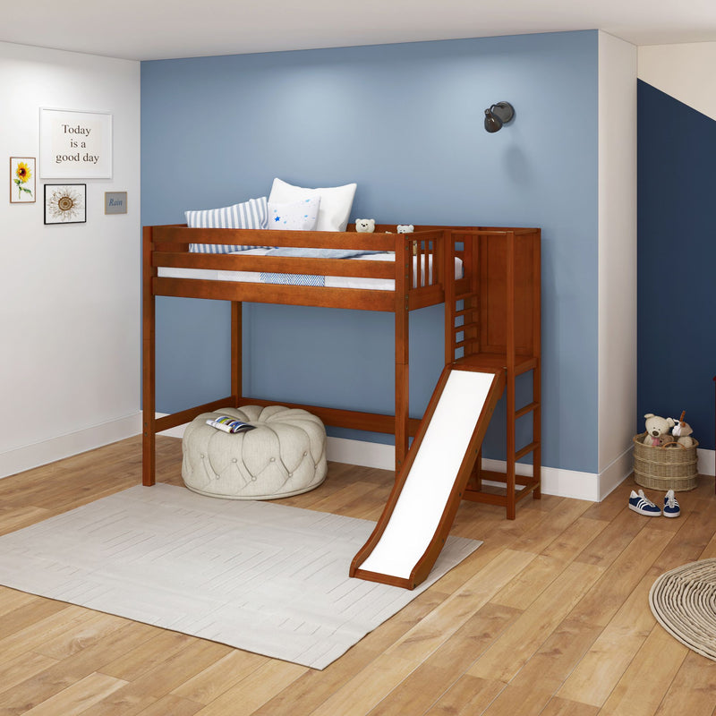 FILIOCUS XL CP : Loft Bed Twin XL High Loft Bed with Slide Platform, Panel, Chestnut