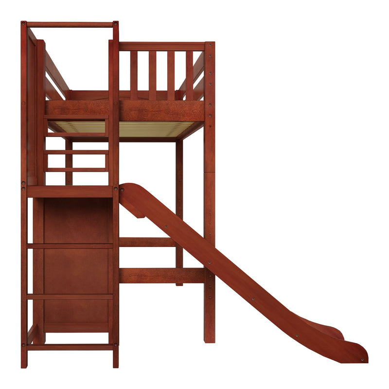 FILIOCUS XL CP : Loft Bed Twin XL High Loft Bed with Slide Platform, Panel, Chestnut