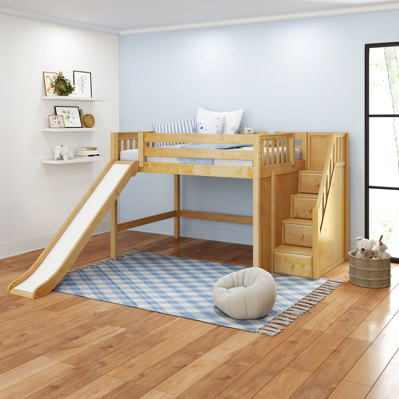 FINE NS : Loft Bed Full Mid Loft Bed with Slide and Stairs on End, Natural Birch Slats
